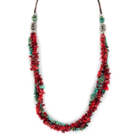 3 Strand Certified Authentic Navajo .925 Sterling Silver Coral Natural Turquoise Twisted Native American Necklace 15937-104