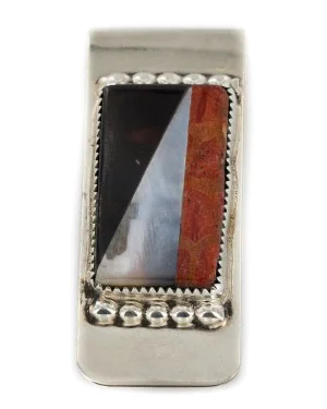 Handmade Navajo Nickel and .925 Sterling Silver Inlay Coral Natural Black Onyx Mother of Pearl Native American Money Clip 11263-1 Handmade Navajo Nickel and .925 Sterling Silver Inlay Coral Natural Black Onyx Mother of Pearl Native American Money Clip 11263-1