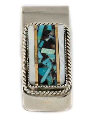 Handmade Certified Authentic Navajo Nickel and .925 Sterling Silver Inlay Natural Turquoise and Mother of Pearl Native American Money Clip 11263-2