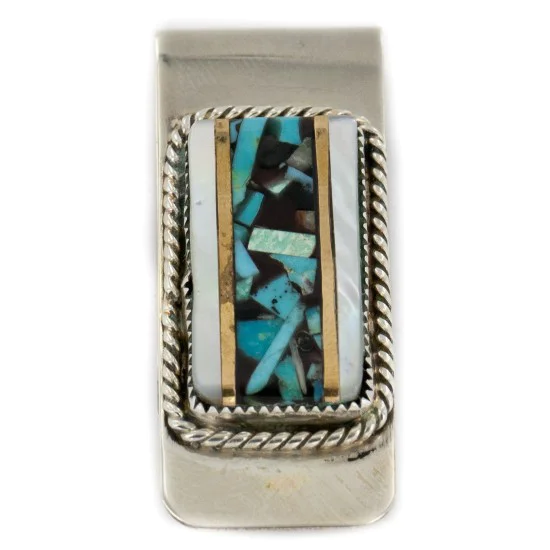Handmade Navajo Nickel and .925 Sterling Silver Inlay Natural Turquoise and Mother of Pearl Native American Money Clip 11263-2