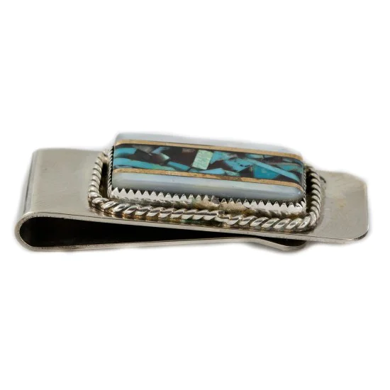 Handmade Navajo Nickel and .925 Sterling Silver Inlay Natural Turquoise and Mother of Pearl Native American Money Clip 11263-2