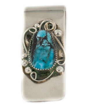Handmade Certified Authentic Navajo Nickel and .925 Sterling Silver Natural Turquoise Native American Money Clip 10529