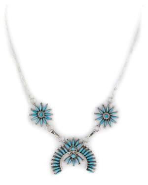 Petit Point Handmade Certified Authentic Zuni .925 Sterling Silver Natural Turquoise Native American Necklace 27203