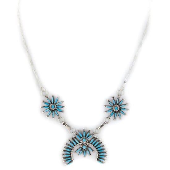 Petit Point Handmade Certified Authentic Zuni .925 Sterling Silver Natural Turquoise Native American Necklace 27203