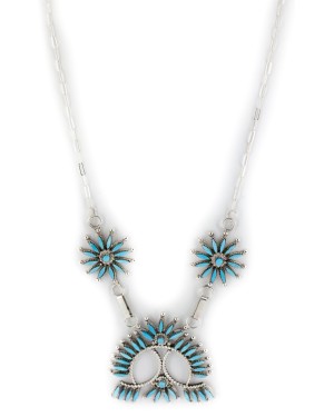 Petit Point Handmade Certified Authentic Zuni .925 Sterling Silver Natural Turquoise Native American Necklace 27204