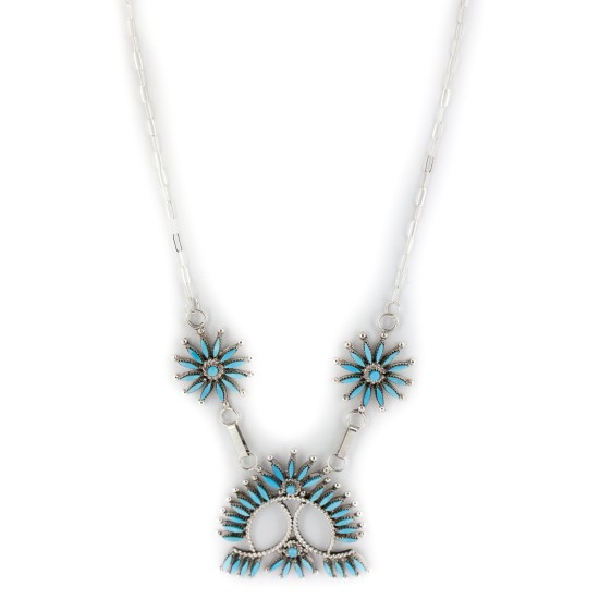 Petit Point Handmade Certified Authentic Zuni .925 Sterling Silver Natural Turquoise Native American Necklace 27204