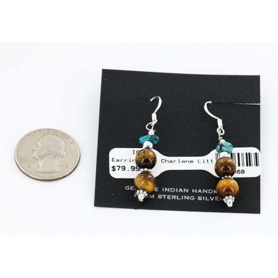 Certified Authentic Navajo .925 Sterling Silver Hooks Natural Turquoise and Tigers Eye Native American Earrings 18068-2-2