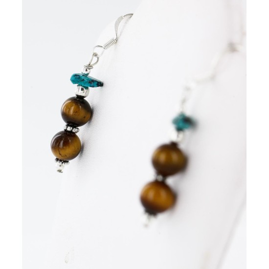 Certified Authentic Navajo .925 Sterling Silver Hooks Natural Turquoise and Tigers Eye Native American Earrings 18068-2-2