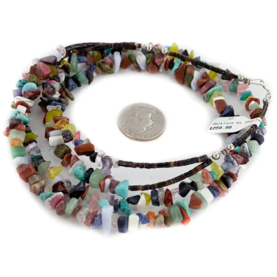 2 Strand Navajo .925 Sterling Silver Natural Multicolor Stones Native American Necklace 17079-9