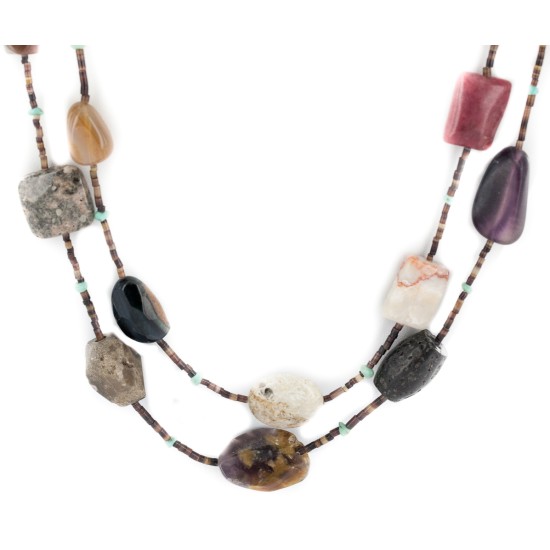 2 Strand .925 Sterling Silver Certified Authentic Navajo Natural Turquoise Carnelian Agate and Jasper Native American Necklace 750194-01