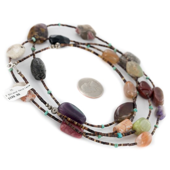 2 Strand .925 Sterling Silver Certified Authentic Navajo Natural Turquoise Carnelian Agate and Jasper Native American Necklace 750194-01