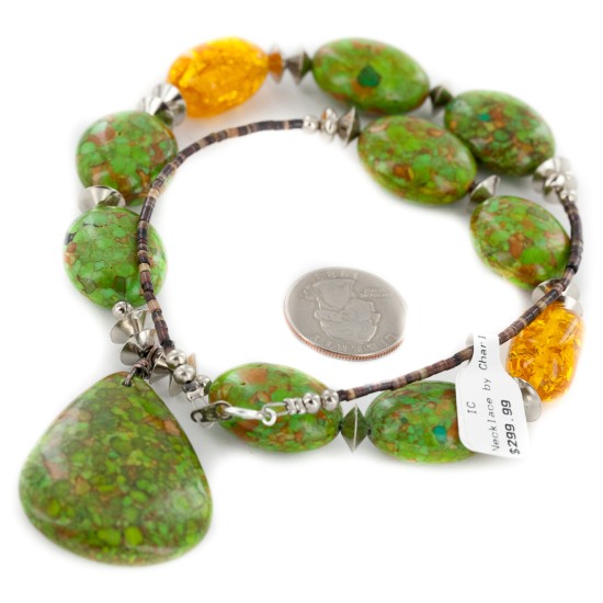 .925 Sterling Silver Certified Authentic Navajo Composite Gaspeite and Synthetic Amber Native American Necklace 17077