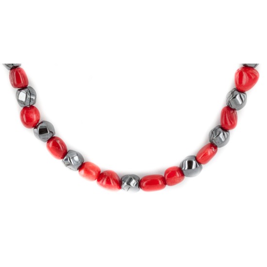 .925 Sterling Silver Certified Authentic Navajo Coral Natural Hematite Native American Necklace 25326