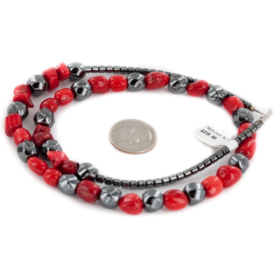 .925 Sterling Silver Certified Authentic Navajo Coral Natural Hematite Native American Necklace 25326