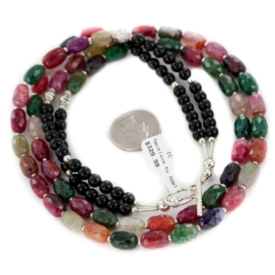 2 Strand Nickel Certified Authentic Navajo Dyed Quartz and Agate Natural Black Onyx Native American Necklace 17071