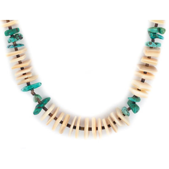 .925 Sterling Silver Certified Authentic Navajo Natural Turquoise and Melon Shell Native American Necklace 15567-08