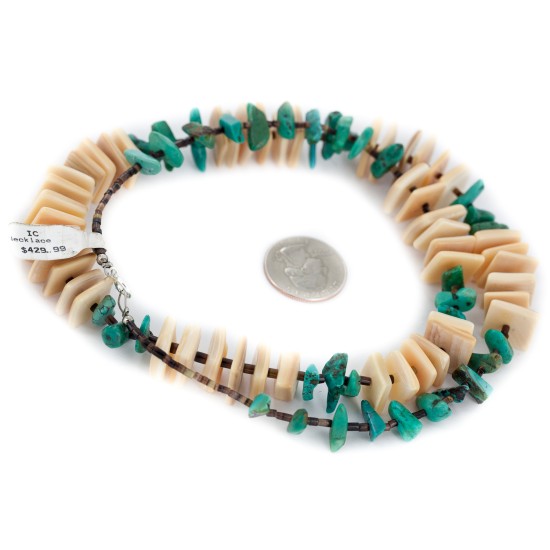 .925 Sterling Silver Certified Authentic Navajo Natural Turquoise and Melon Shell Native American Necklace 15567-08