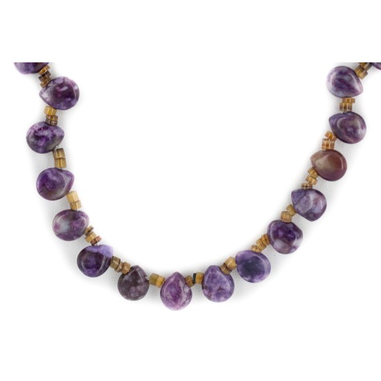 .925 Sterling Silver Certified Authentic Navajo Natural Charoite Heishi Native American Necklace 15211-8