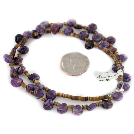 .925 Sterling Silver Certified Authentic Navajo Natural Charoite Heishi Native American Necklace 15211-8