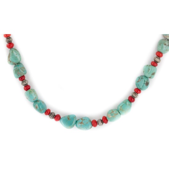 .925 Sterling Silver Certified Authentic Navajo Coral Natural Turquoise Native American Necklace 1579-14
