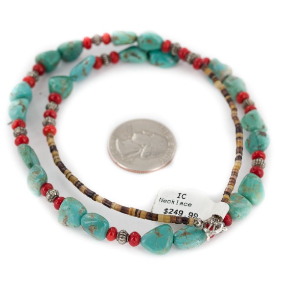 .925 Sterling Silver Certified Authentic Navajo Coral Natural Turquoise Native American Necklace 1579-14