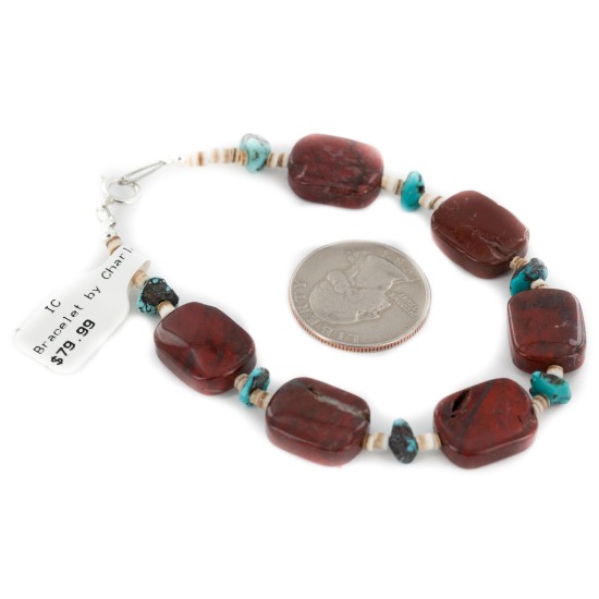 Certified Authentic Navajo .925 Sterling Silver Natural Turquoise and Red Jasper Native American Bracelet 13024
