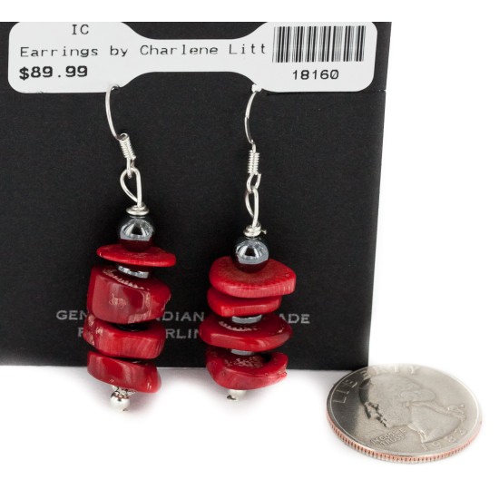 Certified Authentic Navajo .925 Sterling Silver Hooks Coral and Natural Hematite Dangle Native American Earrings 18160