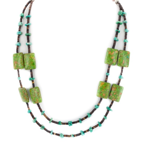 2 Strand .925 Sterling Silver Certified Authentic Navajo Composite Gaspeite Natural Green Agate Native American Necklace 750136-91