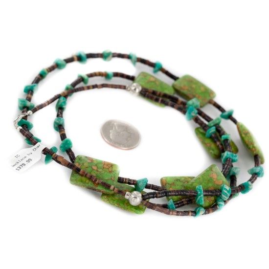 2 Strand .925 Sterling Silver Certified Authentic Navajo Composite Gaspeite Natural Green Agate Native American Necklace 750136-91