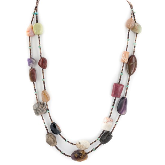 2 Strand .925 Sterling Silver Certified Authentic Navajo Natural Turquoise Carnelian Agate and Jasper Native American Necklace 750194-01