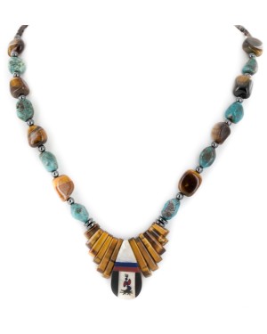 .925 Sterling Silver Certified Authentic Inlay Navajo Natural Turquiose Mother of Pearl and Tigers Eye Native American Necklace 15757-19