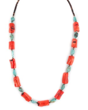 .925 Sterling Silver Certified Authentic Navajo Coral and Natural Turquoise Native American Necklace 17075