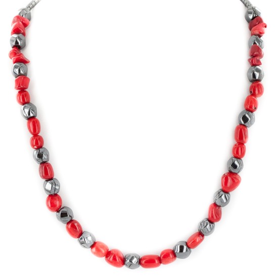 .925 Sterling Silver Certified Authentic Navajo Coral Natural Hematite Native American Necklace 25326