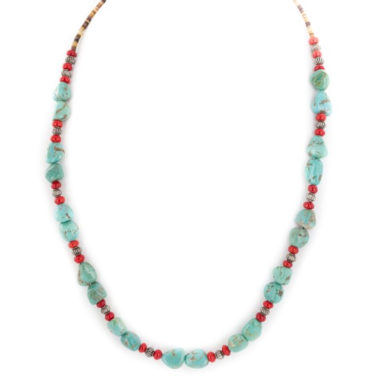 .925 Sterling Silver Certified Authentic Navajo Coral Natural Turquoise Native American Necklace 1579-14