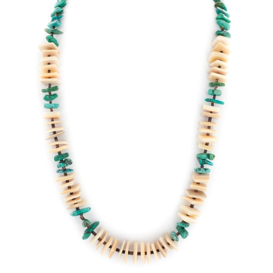 .925 Sterling Silver Certified Authentic Navajo Natural Turquoise and Melon Shell Native American Necklace 15567-08