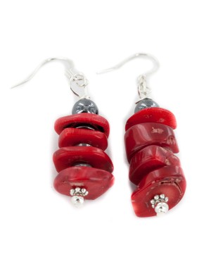 Certified Authentic Navajo .925 Sterling Silver Hooks Coral and Natural Hematite Dangle Native American Earrings 18160