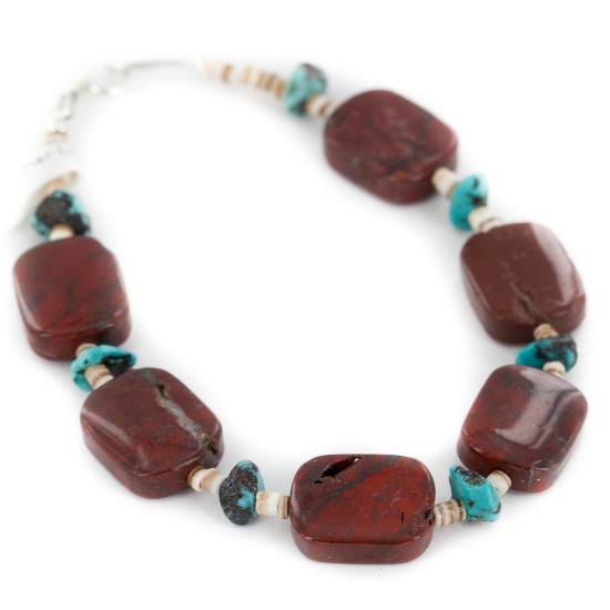 Certified Authentic Navajo .925 Sterling Silver Natural Turquoise and Red Jasper Native American Bracelet 13024