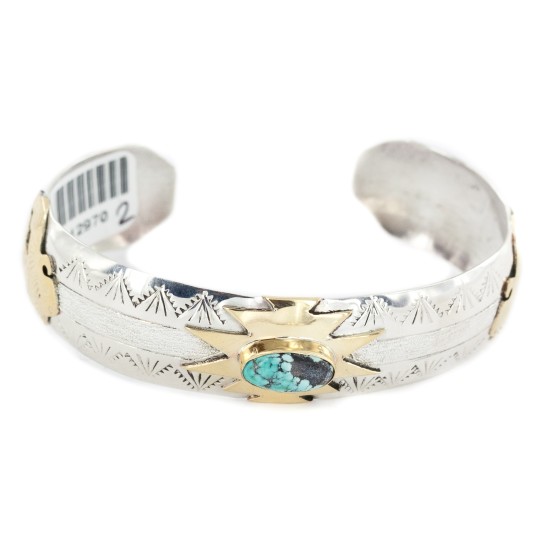 12kt Gold Filled and .925 Sterling Silver Certified Authentic Buffalo Handmade Navajo Natural Spiderweb Turquoise Native American Bracelet 12970-2