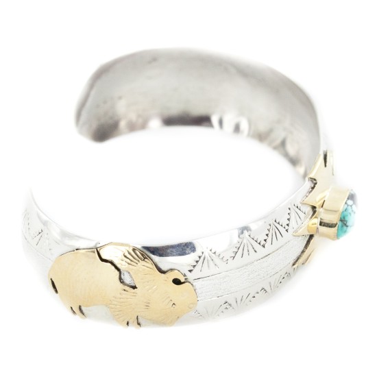 12kt Gold Filled and .925 Sterling Silver Certified Authentic Buffalo Handmade Navajo Natural Spiderweb Turquoise Native American Bracelet 12970-2