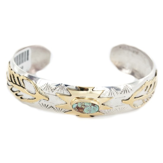 12kt Gold Filled and .925 Sterling Silver Certified Authentic Feather Handmade Navajo Natural Spiderweb Turquoise Native American Bracelet 12968-301