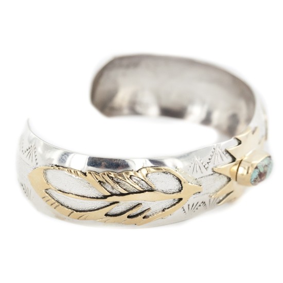 12kt Gold Filled and .925 Sterling Silver Certified Authentic Feather Handmade Navajo Natural Spiderweb Turquoise Native American Bracelet 12968-301