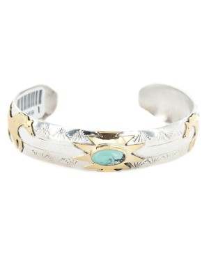 12kt Gold Filled and .925 Sterling Silver Certified Authentic Horse Handmade Navajo Natural Leadville Turquoise Native American Bracelet 12969-1
