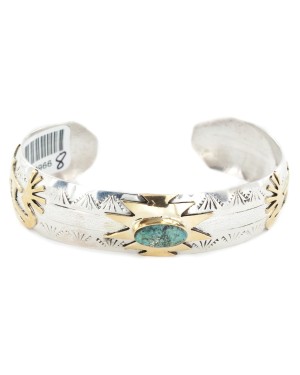 12kt Gold Filled and .925 Sterling Silver Certified Authentic Kokopelli Handmade Navajo Natural Turquoise #8 Native American Bracelet 12966-8