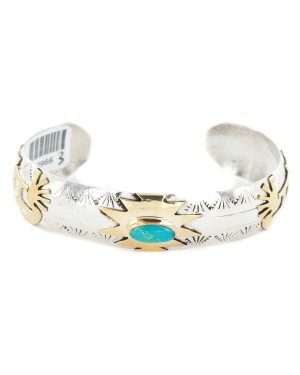 12kt Gold Filled and .925 Sterling Silver Certified Authentic Kokopelli Handmade Navajo Natural Turquoise Native American Bracelet 12966-3