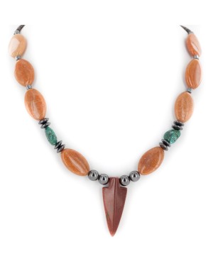 Arrow head Certified Authentic Navajo .925 Sterling Silver Natural Turquoise Agate Hematite and Goldstone Native American Necklace 15897-4