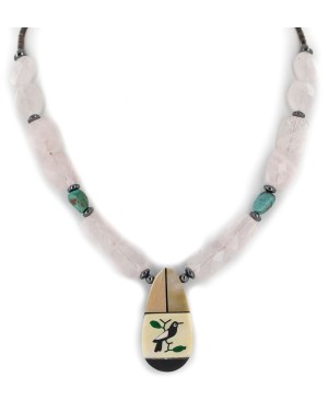 Bird Certified Authentic Navajo .925 Sterling Silver Inlay Natural Turquoise Mother of Pearl Pink Quartz Hematite Native American Necklace 750108-51