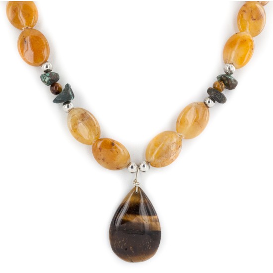 Certified Authentic Navajo .925 Sterling Silver Natural Turquoise Agate and Tigers Eye Native American Necklace 15465-26