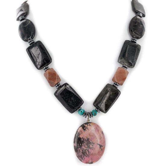 Certified Authentic Navajo .925 Sterling Silver Natural Turquoise Hematite and Jasper Charoite Native American Necklace 15800-28