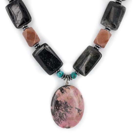 Certified Authentic Navajo .925 Sterling Silver Natural Turquoise Hematite and Jasper Charoite Native American Necklace 15800-28