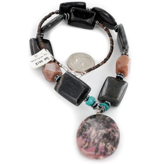 Certified Authentic Navajo .925 Sterling Silver Natural Turquoise Hematite and Jasper Charoite Native American Necklace 15800-28